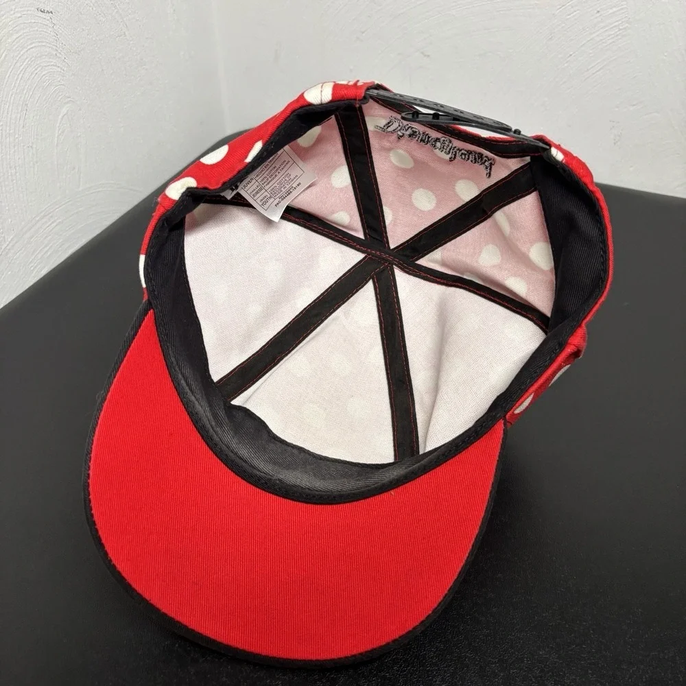 DISNEY Parks Minnie Mouse Hat Cap Ears Bow Snapback Youth Size Red W/ Polka Dots